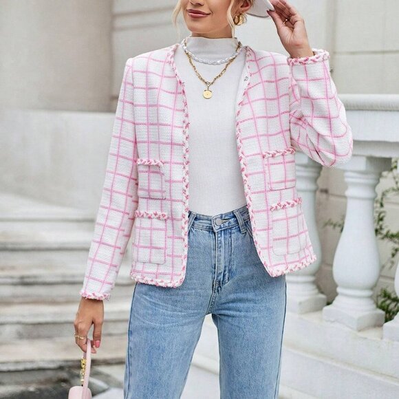 Pink Trendy Womens Plaid Print Open Front Pocket Patched Overcoat - Picture 3 of 5